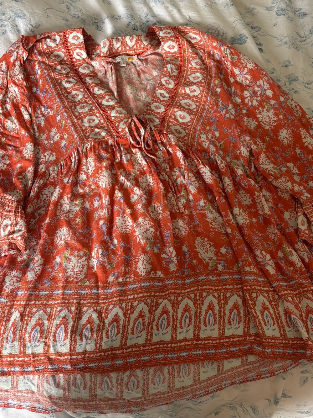 C&C California Coral Floral Tie-Front Peasant Tunic